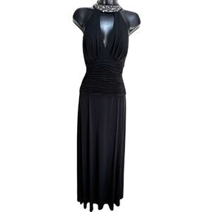 Vintage Carabella Black Beaded Halter Maxi Dress 6 Ruched Formal Evening Y2K